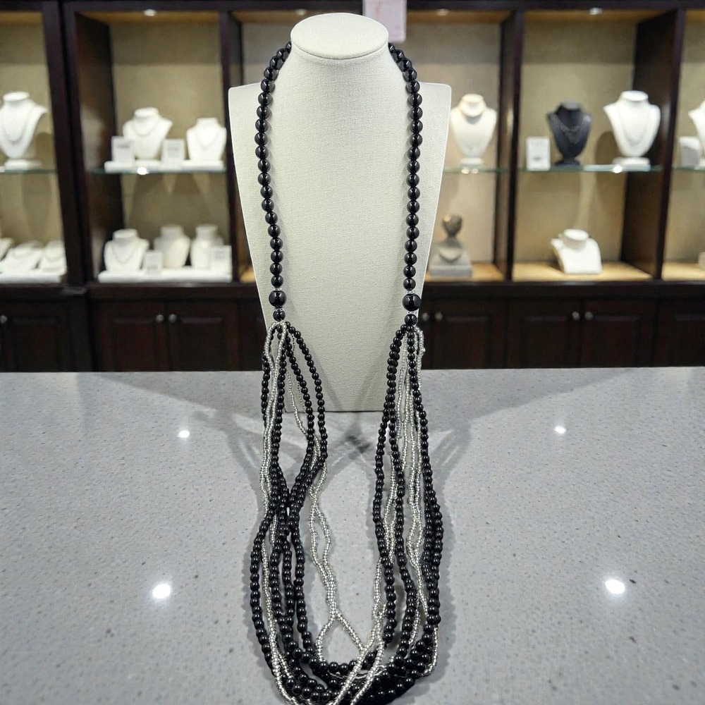 Vintage Hong Kong Black & Clear Multi Strand Beaded Necklace 42" Costume Jewelry